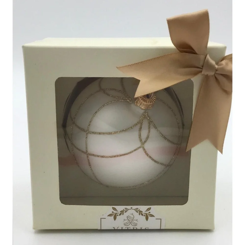 NIB Vitbis Poland Hand Blown Glass Christmas Ornament White Gold Glitter Luxe 4